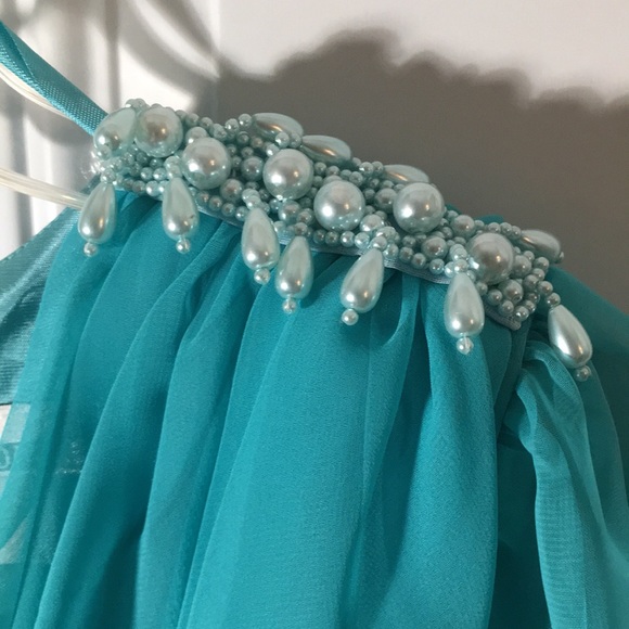 After Dark woman’s formal teal dress beaded epaulettes attached scarf size 9/10 - Picture 9 of 9